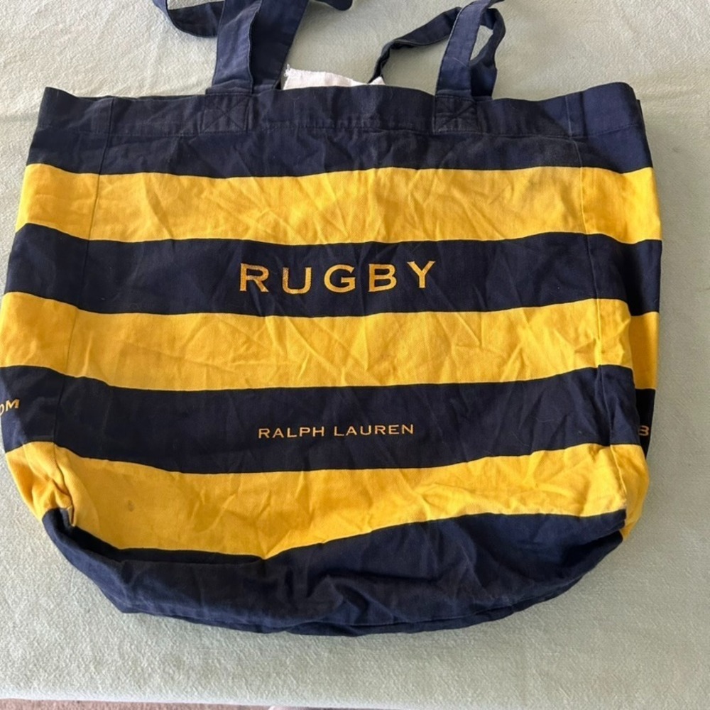 Vintage Rugby by Ralph Lauren Canvas Tote Bag Navy Yellow Stripes Logo - Picture 2 of 15